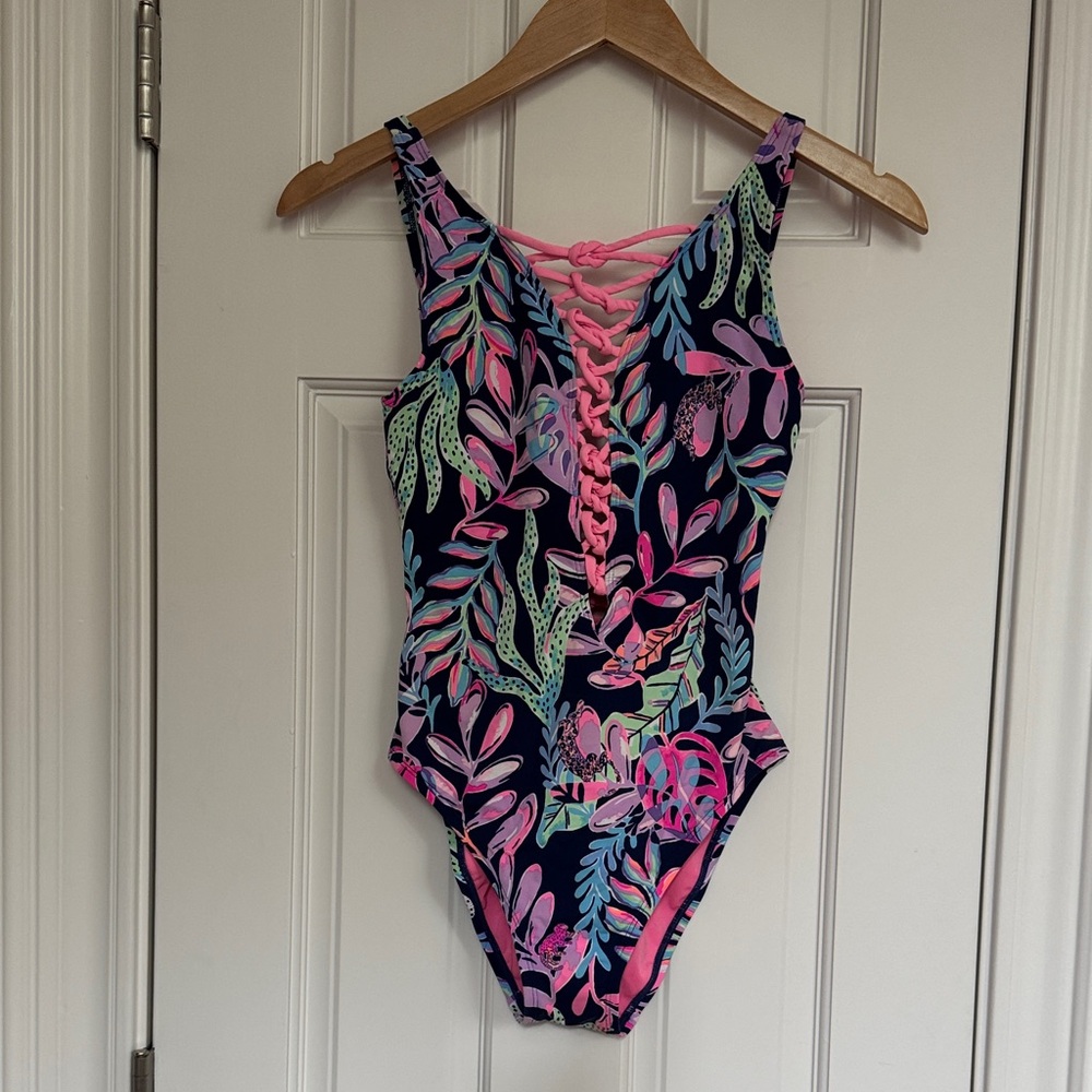 Lilly Pulitzer Pink and Blue Leaf Print One-Piece Swimsuit